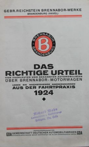 Brennabor Motorcar 1924 Modelprogram "Das richtige Urteil" Carbrochure (8059)